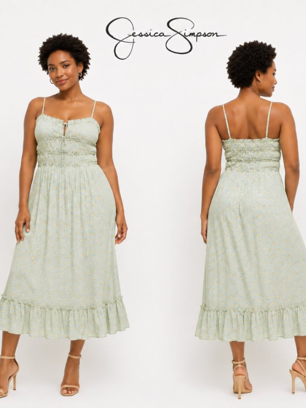 Jessica Simpson Sage Green Floral Smocked Midi Dress Large 6FFNAQ571 Boho Ruffle